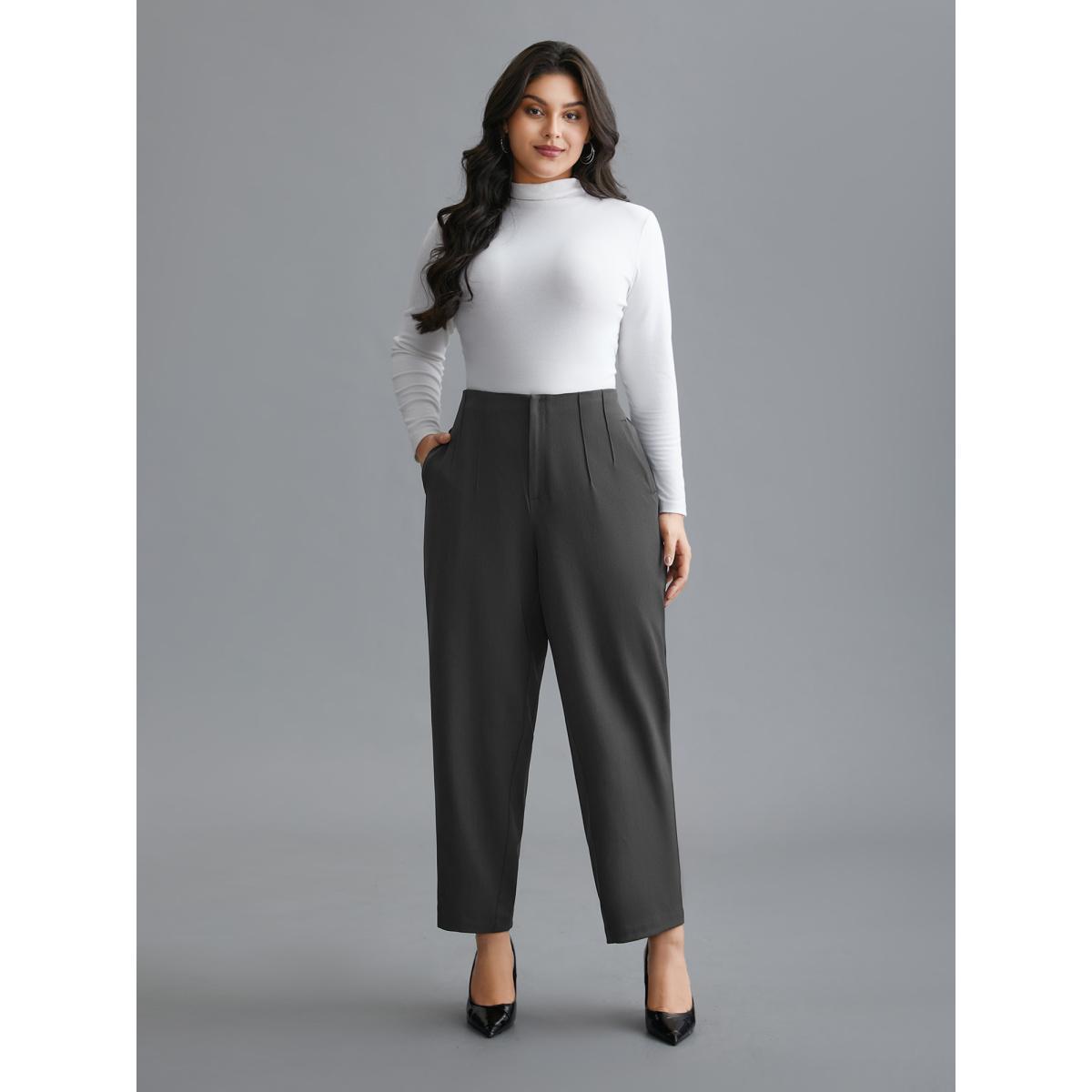 Plus Size Pleated Mid-Rise Straight Leg Pants Women DimGray At the Office Straight Leg Mid Rise Office Pants BloomChic 12/L Product Image