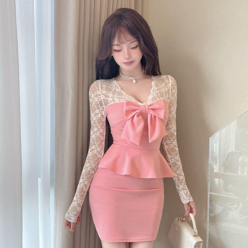 Long-Sleeve V-Neck Plain Lace Panel Bow Peplum Mini Sheath Dress Product Image