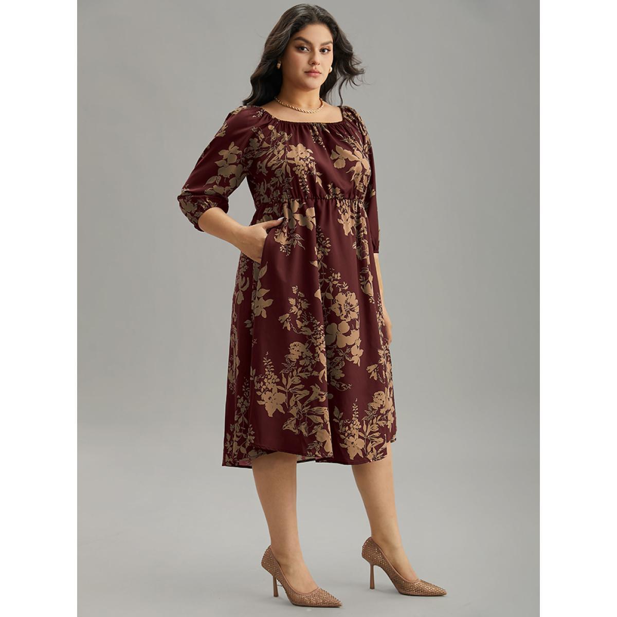 Plus Size Silhouette Floral Print Elastic Cuffs Dress Scarlet Women Timeless Elastic cuffs Square Neck Elbow-length sleeve Curvy Midi Dress BloomChic 22-24/3X Product Image