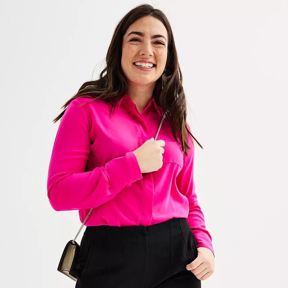 Women's Nine West Adaptive Magnetic Closure Drapey Satin Long Sleeve Shirt,  Product Image