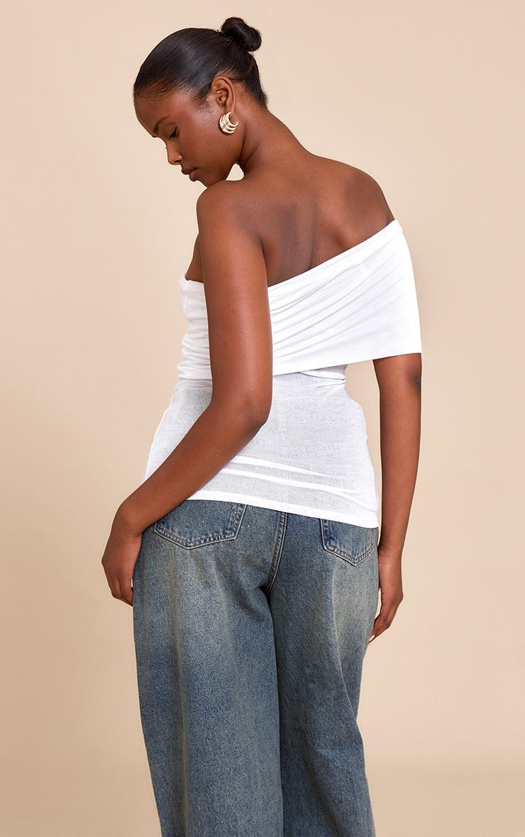 White Sheer Soft Touch Fold Over Detail One Shoulder Long Top Product Image