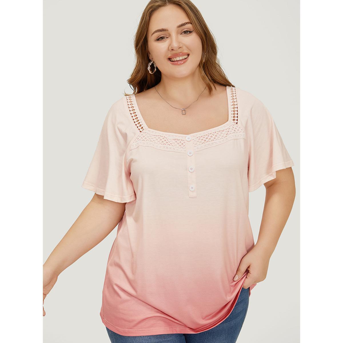 Plus Size Ombre Print Ruffle Sleeve Contrast Lace T-shirt OrangeRed Women Elegant Lace Ombre Square Neck Dailywear T-shirts BloomChic 28/5X Product Image