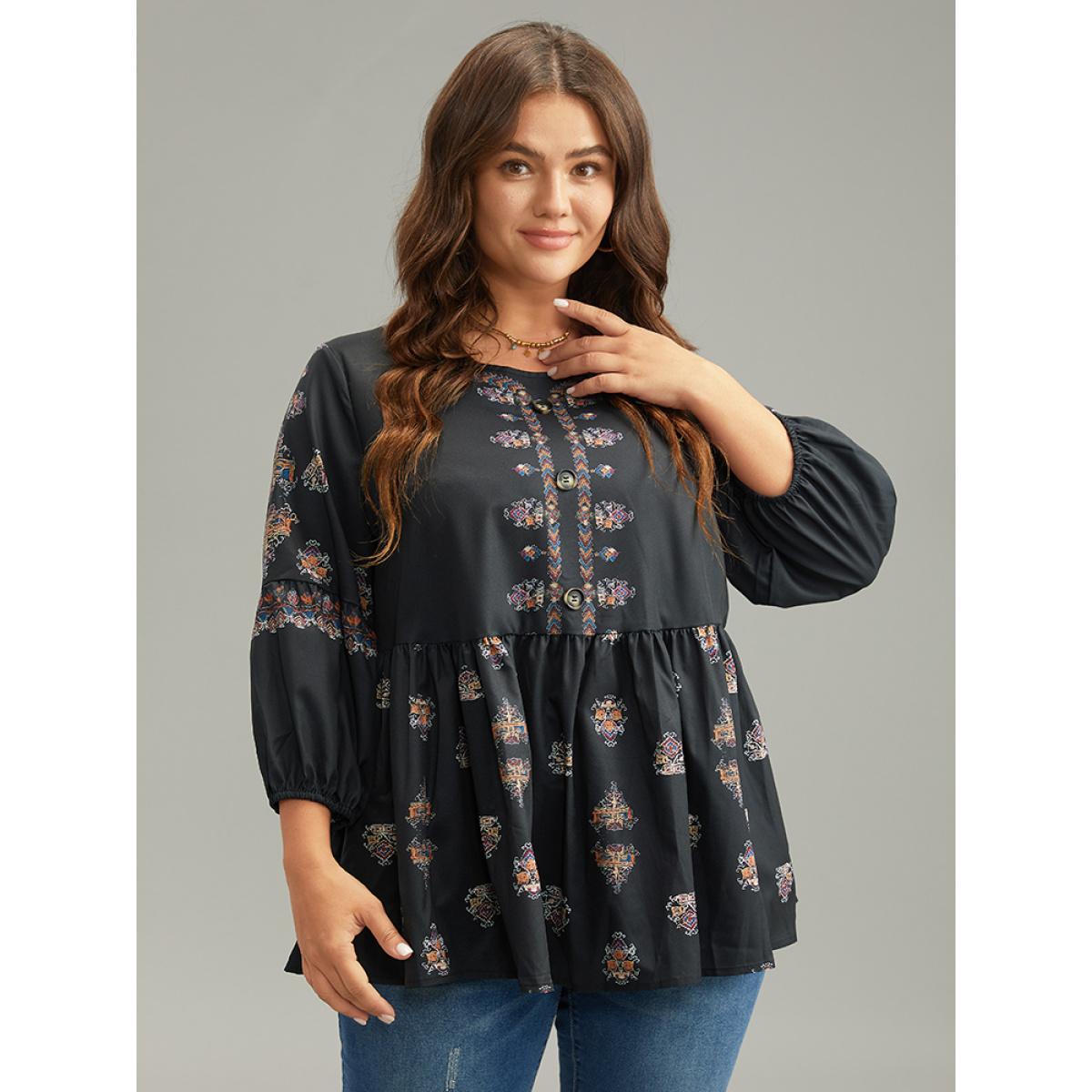 Plus Size Black Boho Print Lantern Sleeve Button Detail Blouse Women Vacation Elbow-length sleeve Round Neck Vacation Blouses BloomChic 14-16/1X Product Image