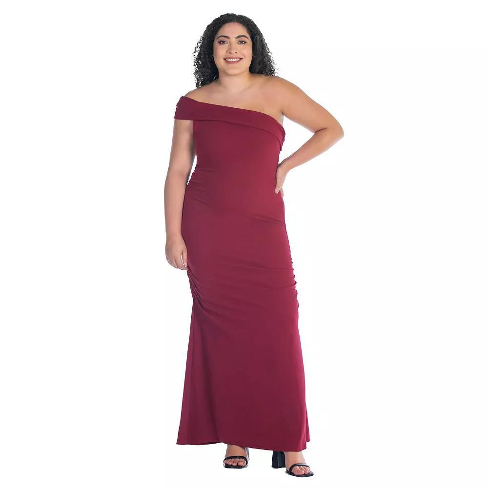 Plus Size 24Seven Comfort Apparel Formal One Shoulder Ruched Mermaid Maxi Dress, Women's, Size: 1XL, Brick Product Image
