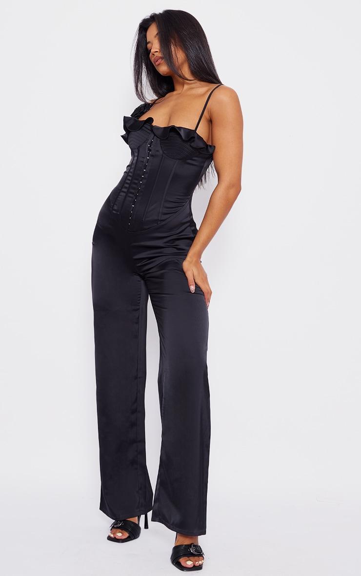 Black Satin Corsage Corset Strappy Jumpsuit Product Image