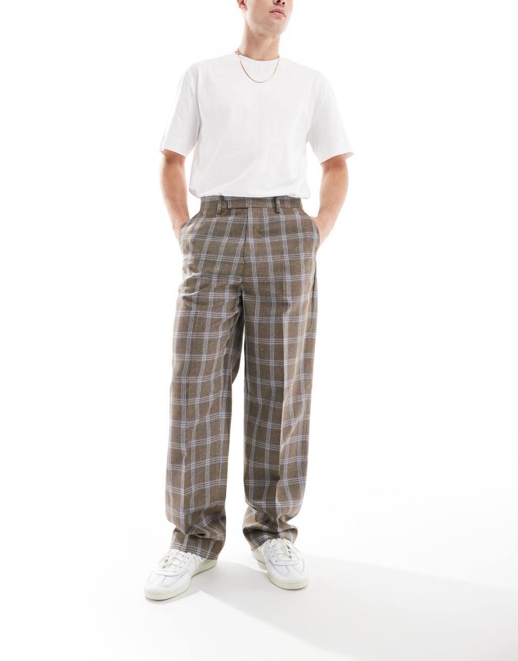 ASOS DESIGN smart wide leg plaid pants in brown Product Image