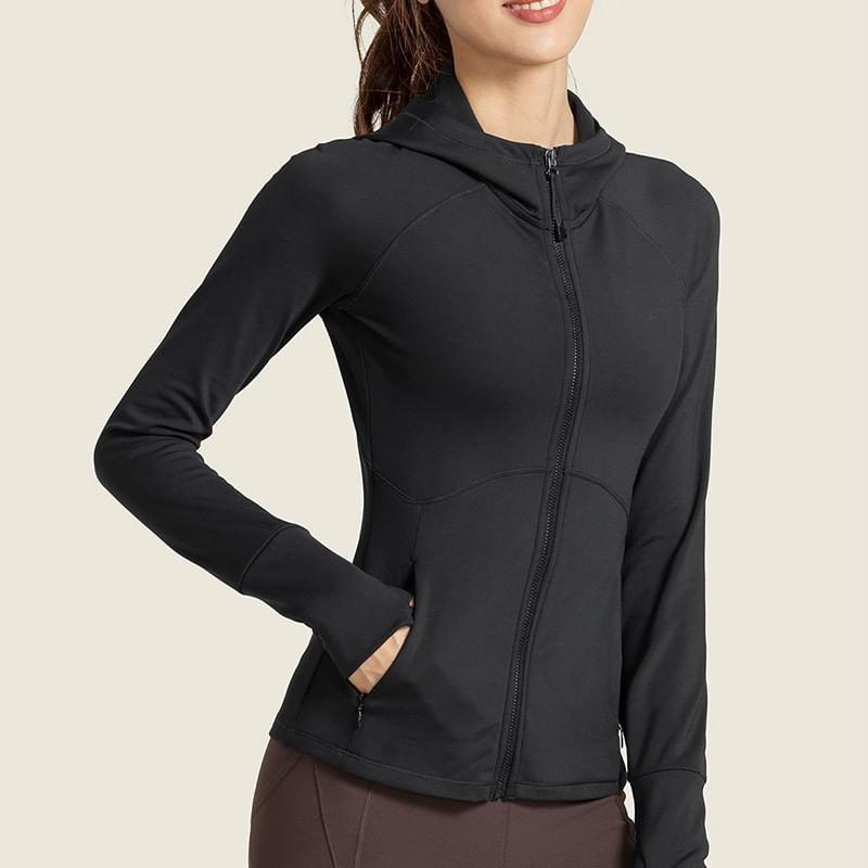 Hooded Plain Zip Up Cropped Sport Jacket Product Image