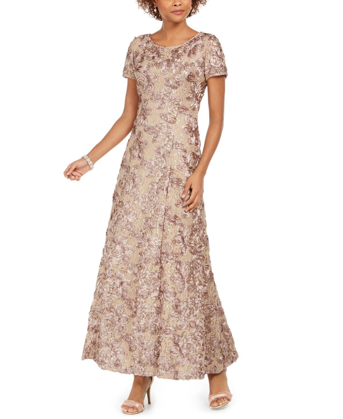 Alex Evenings Sequin Floral Lace Ribbon Rosette Round Neck Short Sleeve Gown Product Image