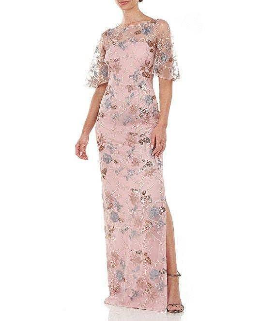 JS Collections Sequin Embroidered Mesh Short Flutter Sleeve Illusion Boat Neck Gown Product Image