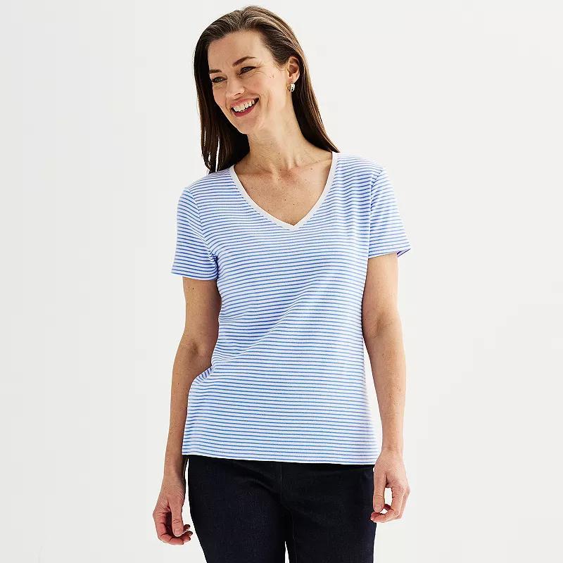 Petite Croft & Barrow® Essential V-Neck Tee, Women's, Size: XL Petite, Blue Thin Stripe Product Image