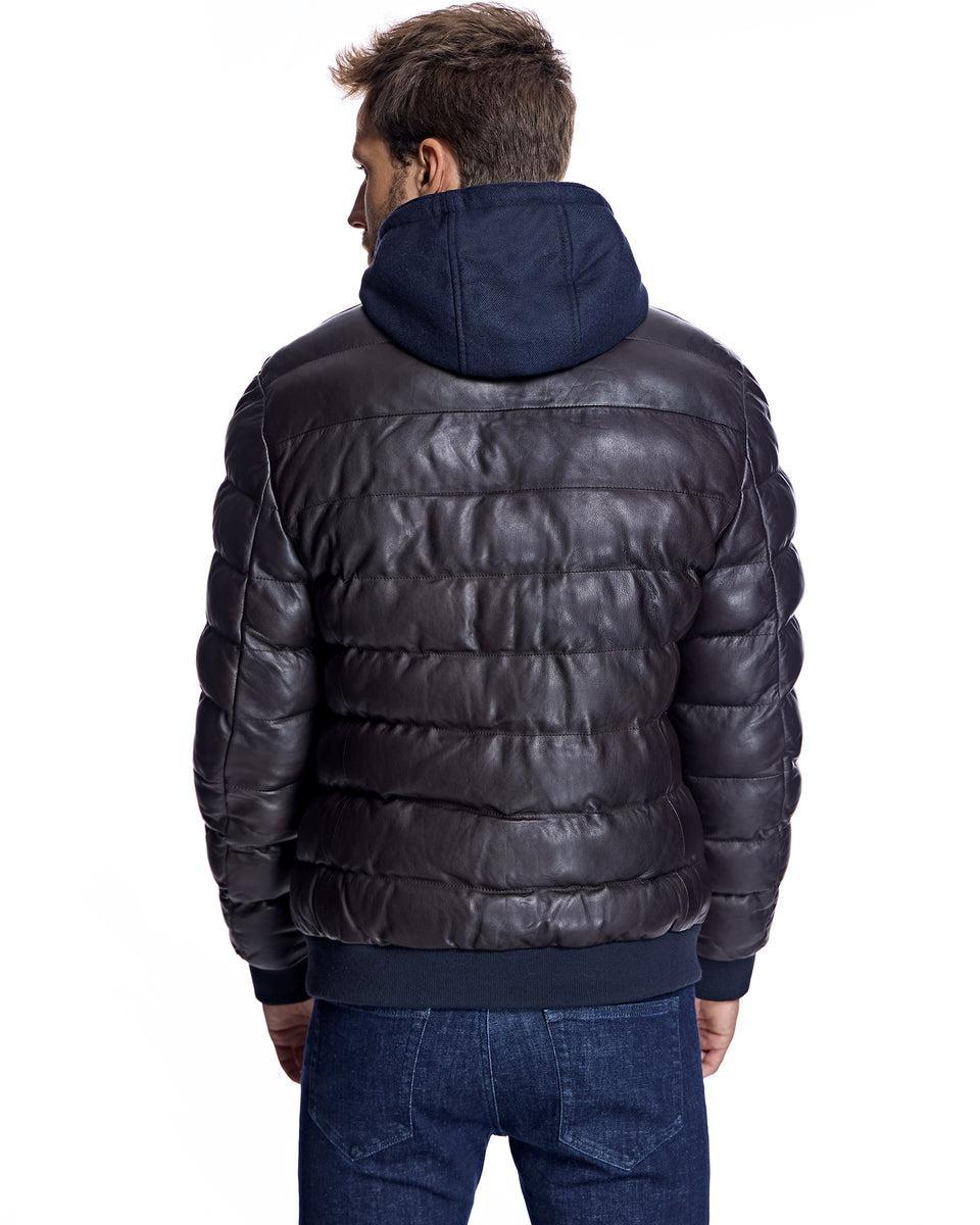 Men's Leather Puffer Jacket with Hood Product Image