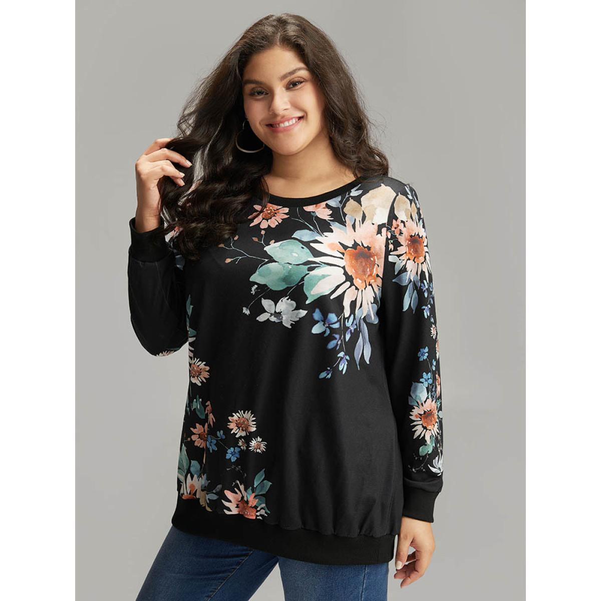 Plus Size Floral Print Round Neck Sweatshirt Women Black Casual Elastic cuffs Round Neck Dailywear Sweatshirts BloomChic 14-16/1X Product Image