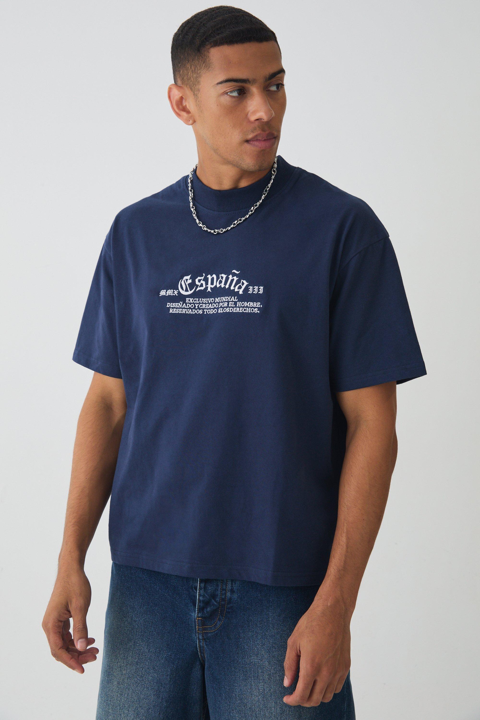 Mens Navy Oversized Boxy Heavyweight Extended Neck Graphic T-shirt, Navy Product Image