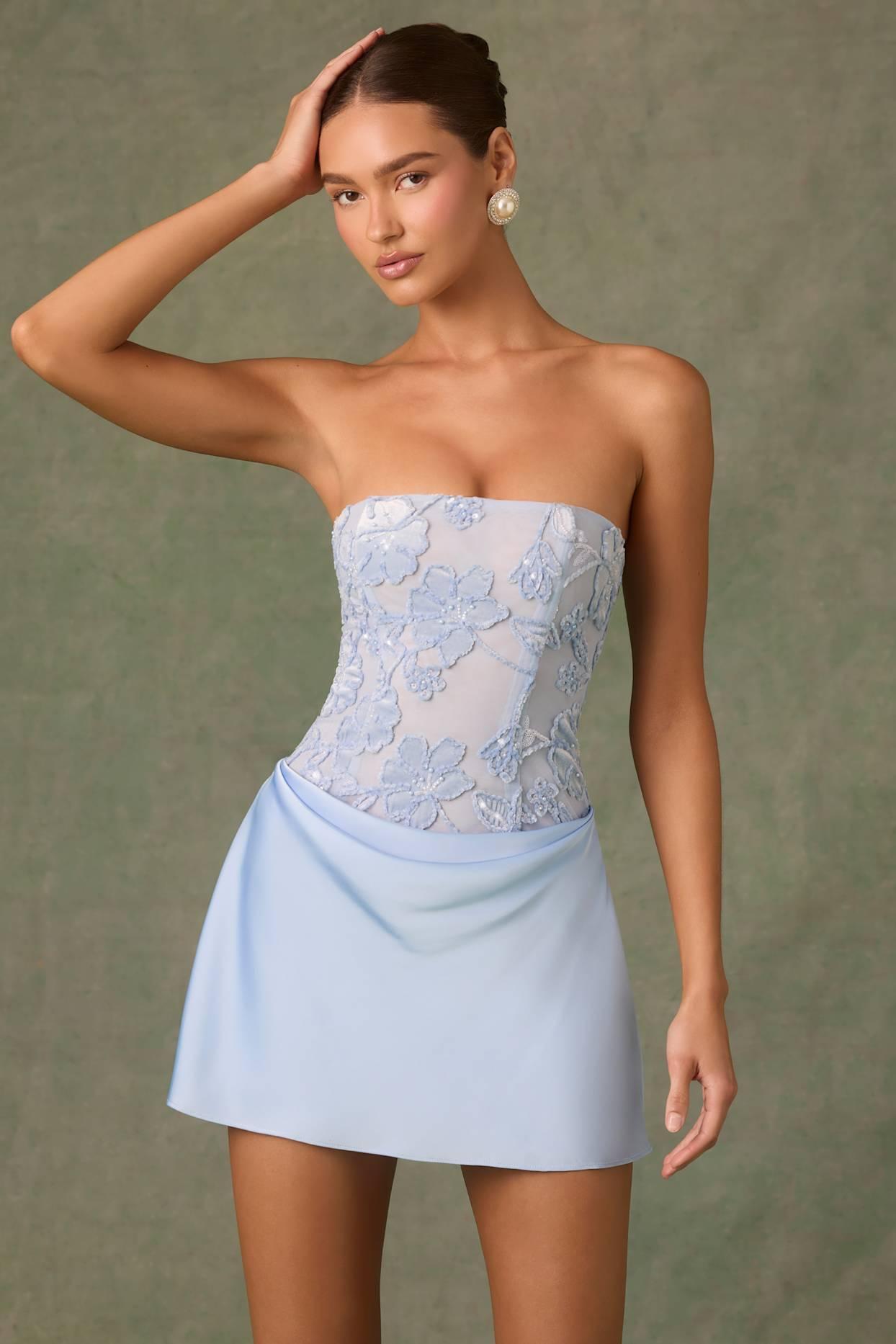 Embellished Draped Strapless A-Line Mini Dress in Sky Blue Product Image