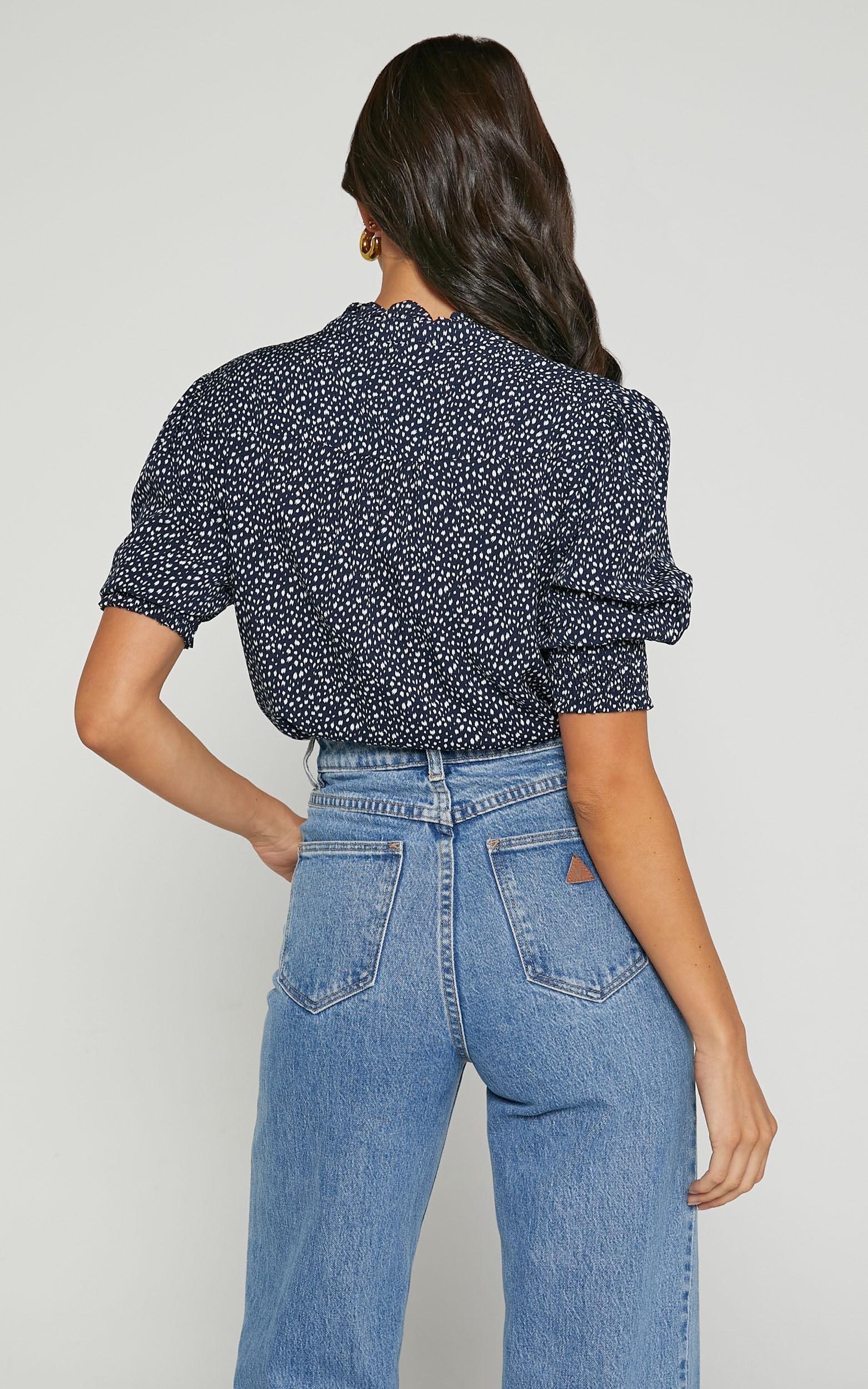 Rocsi Top - Short Sleeve Button through Blouse in Black and white spot Product Image