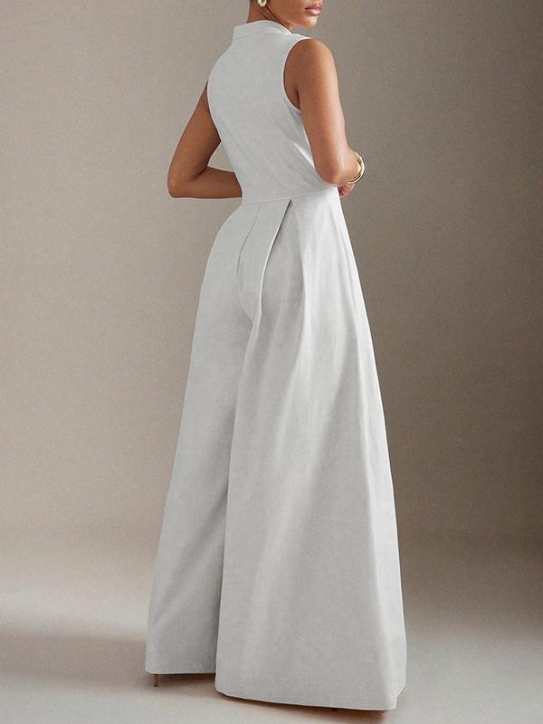 Sleeveless Wide Leg Pleated Solid Color Split-Joint Zipper Round-Neck Jumpsuits Product Image