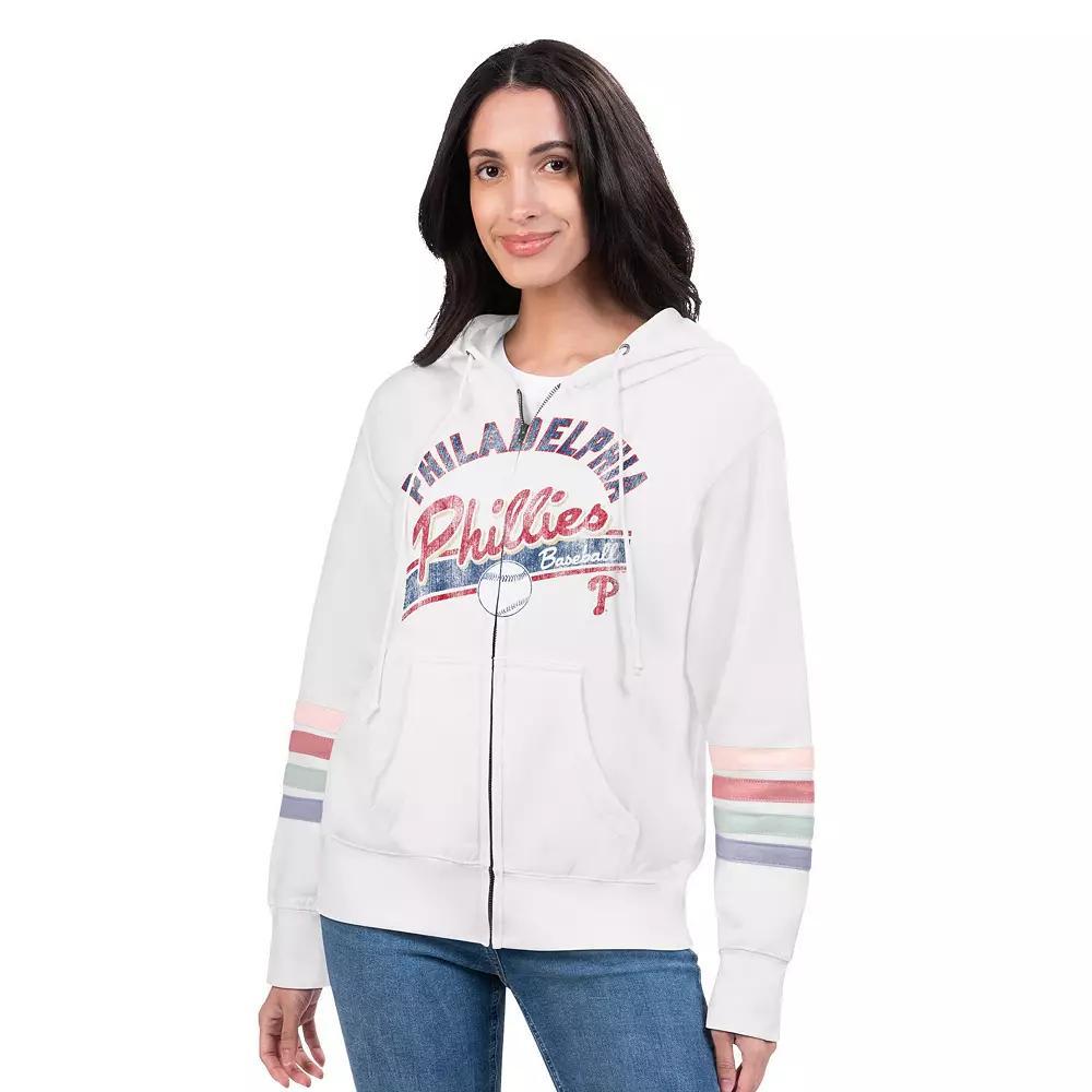 Women's G-III 4Her by Carl Banks White Philadelphia Phillies Naamah Sleeve Stripe Fleece Full-Zip Hoodie,  Product Image
