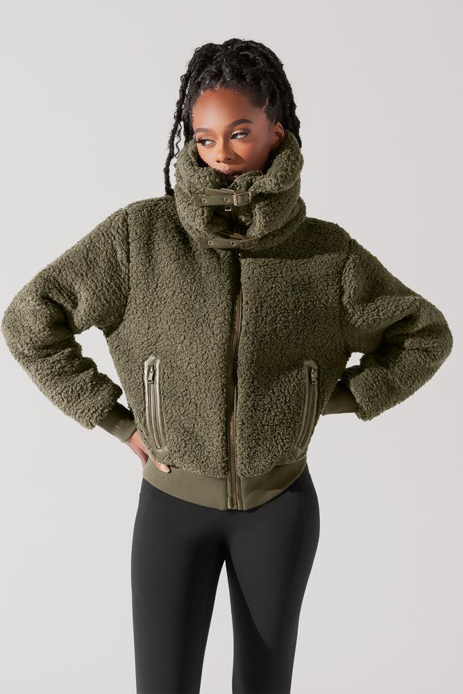 The Kinsley Bomber Jacket in Faux Sherpa - Olive Product Image