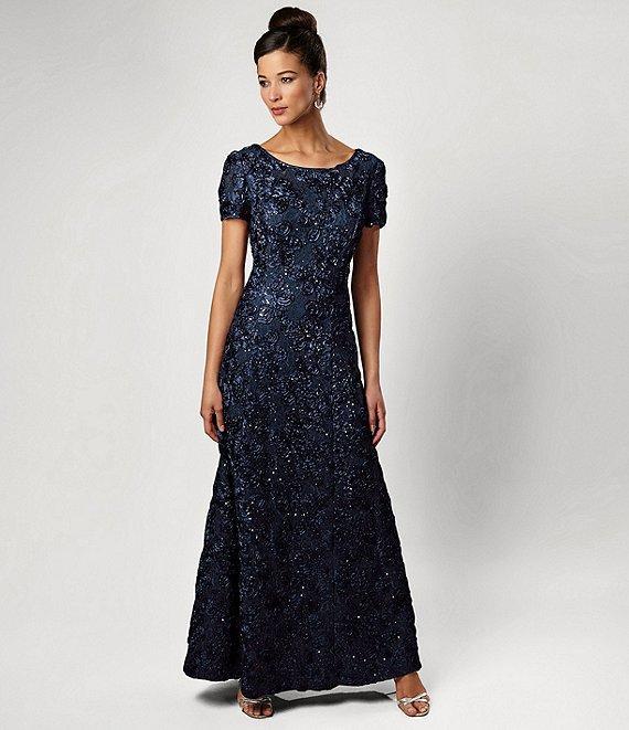 Alex Evenings Sequin Floral Lace Ribbon Rosette Round Neck Short Sleeve Gown Product Image