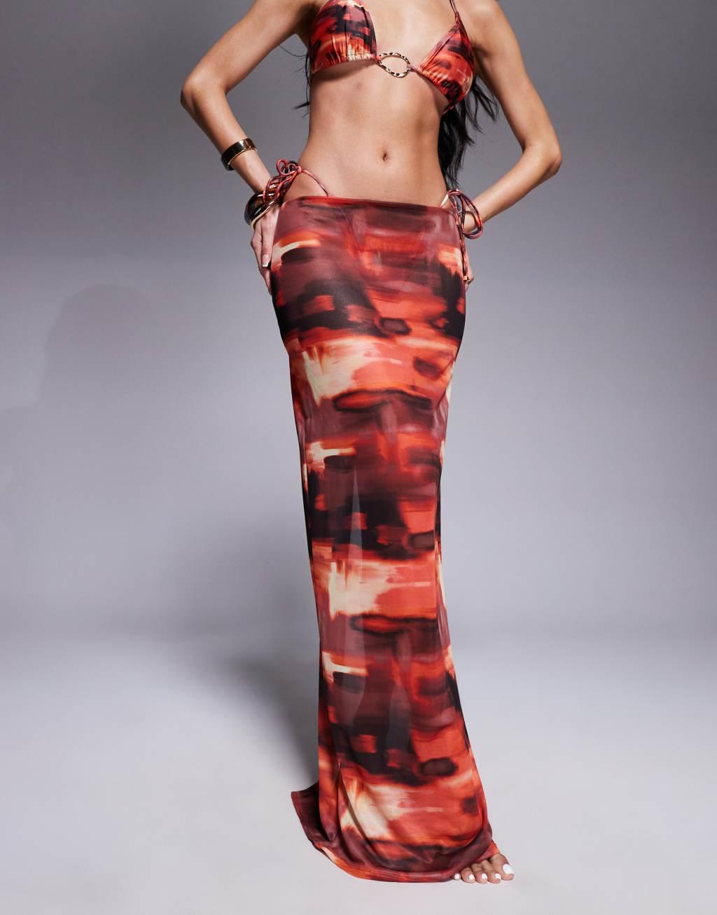South Beach abstract print mesh maxi beach skirt in multi Product Image