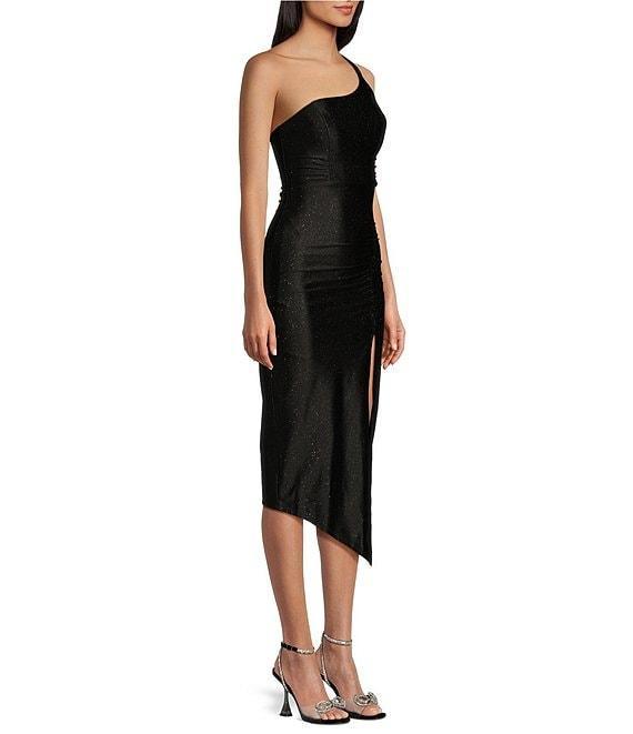 Honey and Rosie One Shoulder Glitter Knit A-Symmetrical Midi Dress Product Image