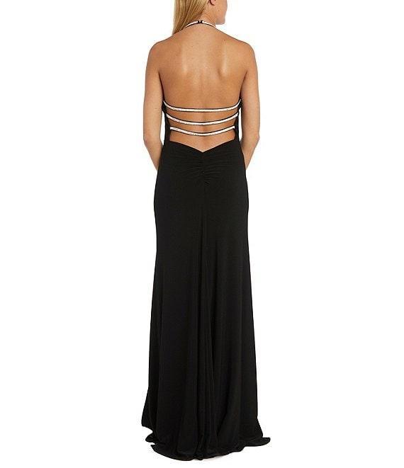 Morgan & Co. Halter Draped Neck Rhinestone Strap Side Slit Gown Product Image