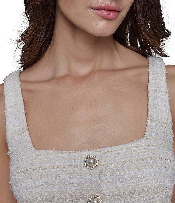 KARL LAGERFELD PARIS Square Neck Pearl Button Trim Tweed Sheath Dress Product Image