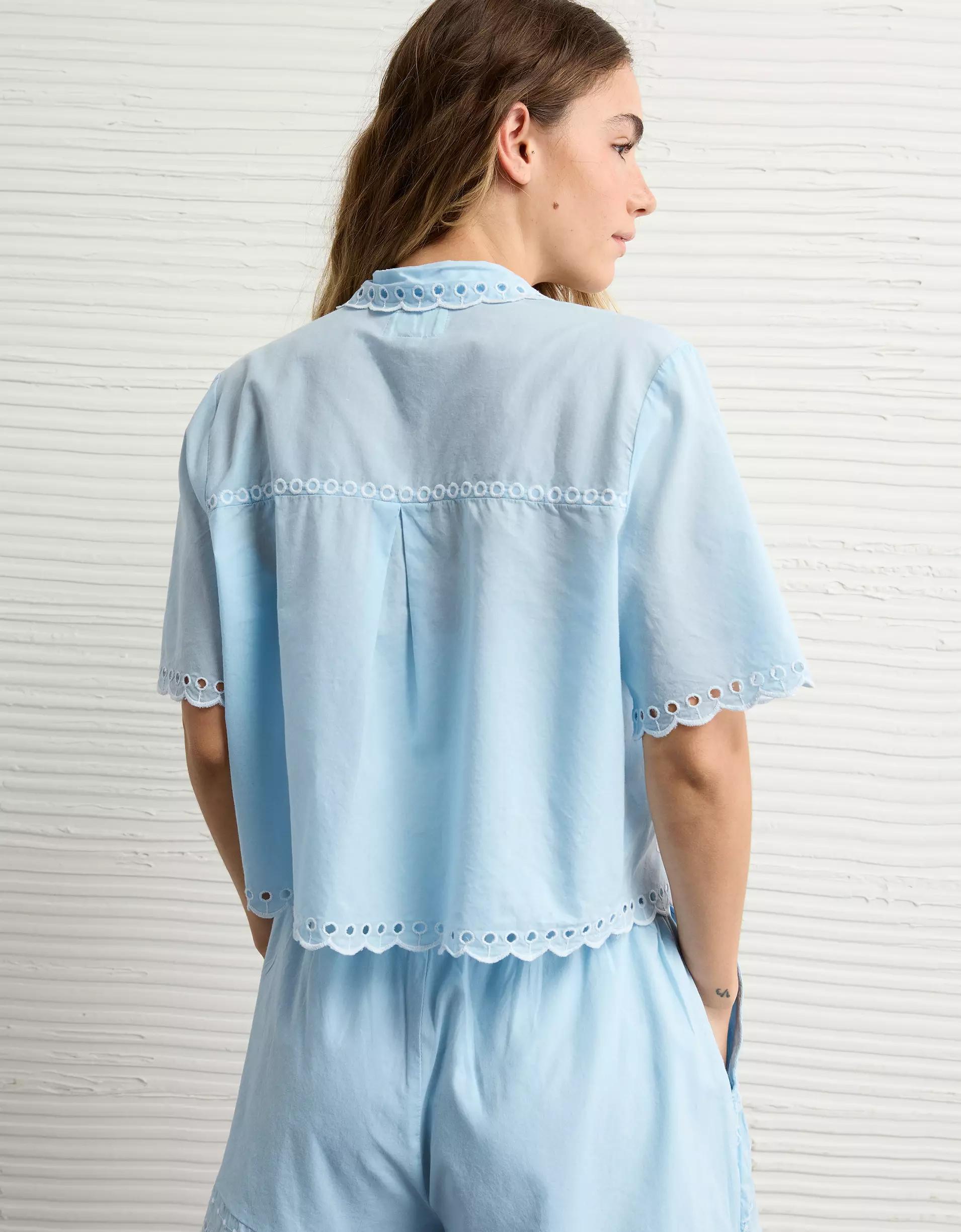 AE Collared Tie Front Embroidered Shirt Product Image