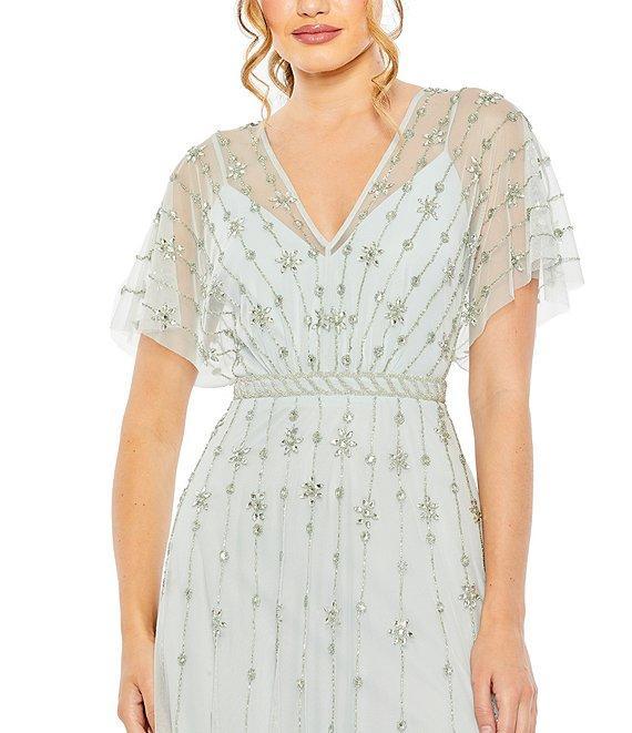 Mac Duggal Beaded V-Neck Short Flutter Sleeve A-Line Gown Product Image