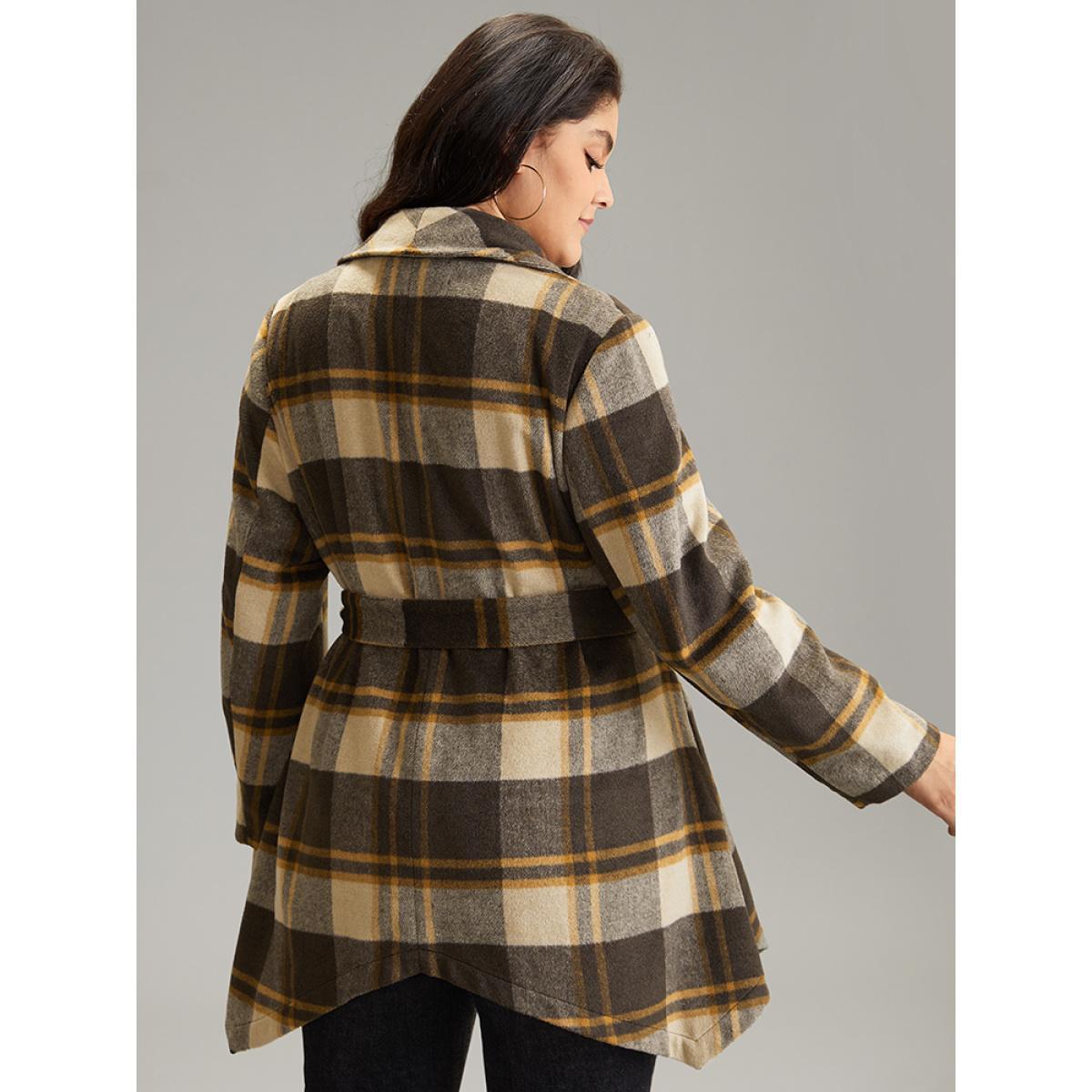 Plus Size Plaid Belted Lapel Collar Hanky Hem Coat Women DarkBrown Casual Belted Ladies Dailywear Winter Coats BloomChic 14-16/1X Product Image