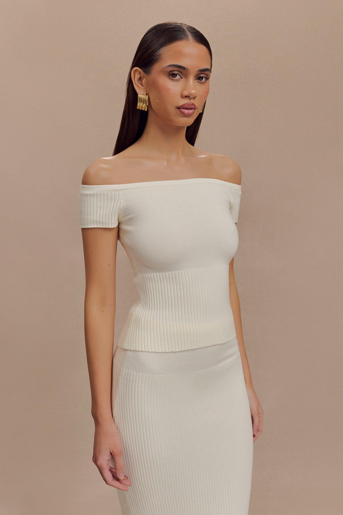 Mathilde Ribbed Knit Off Shoulder Top - Ivory Product Image