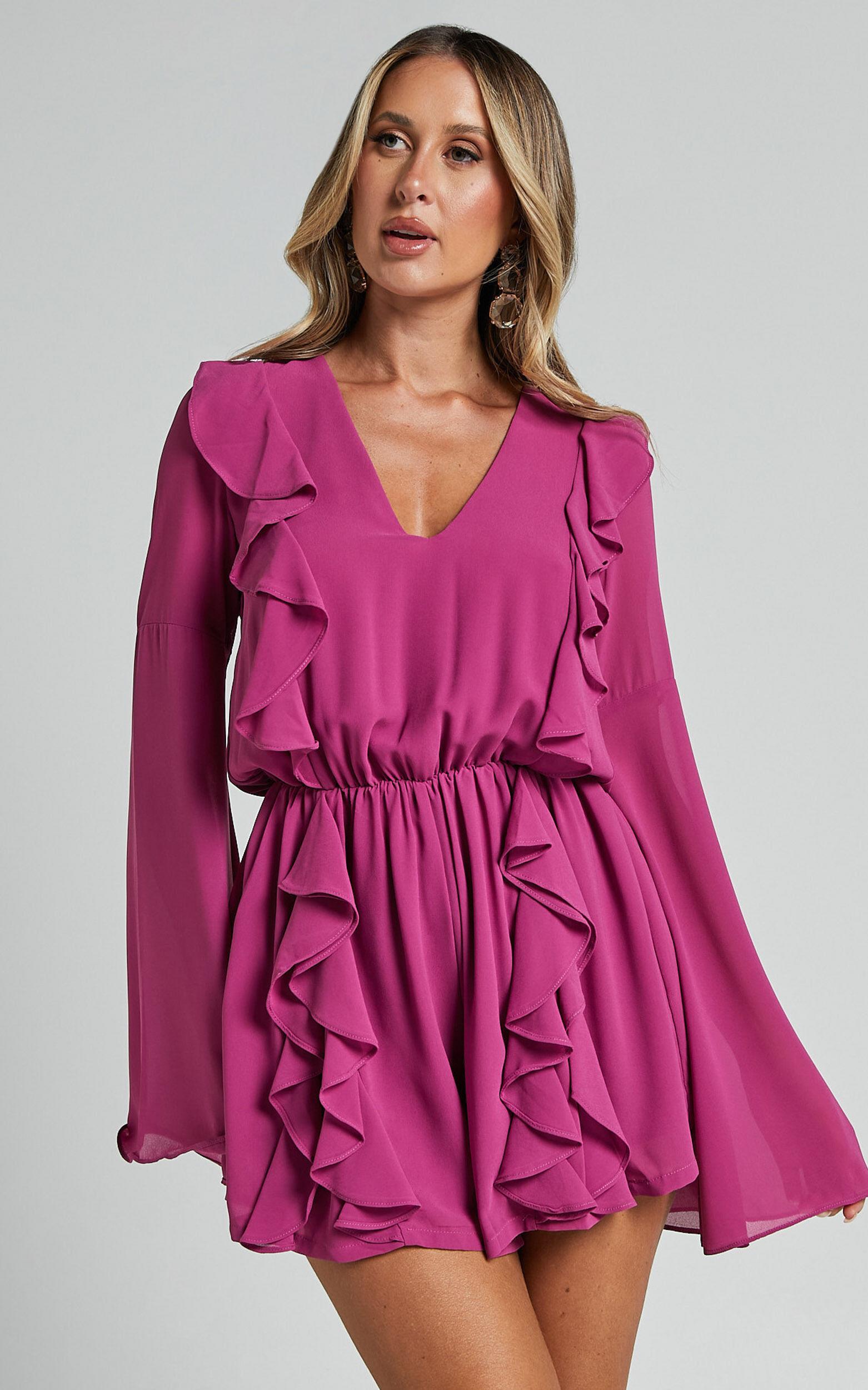 Zella Playsuit - Plunge Ruffle Detail Long Sleeve in Grape Product Image