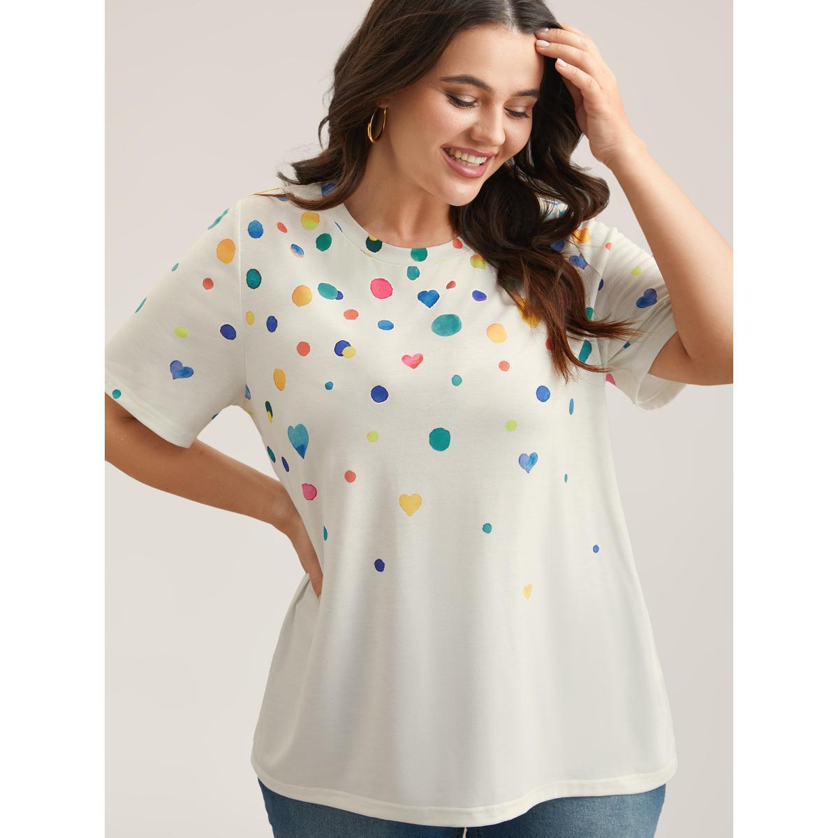 Plus Size Geometric Print Crew Neck Fitted T-Shirt Multicolor Women Playful Non Round Neck Casual T-shirts BloomChic 10/M Product Image