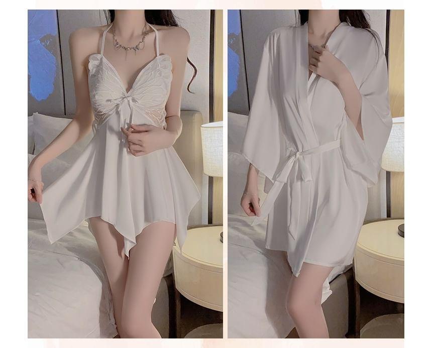 Halter Butterfly Patterned Nightdress / Plain Tie Front Robe Product Image