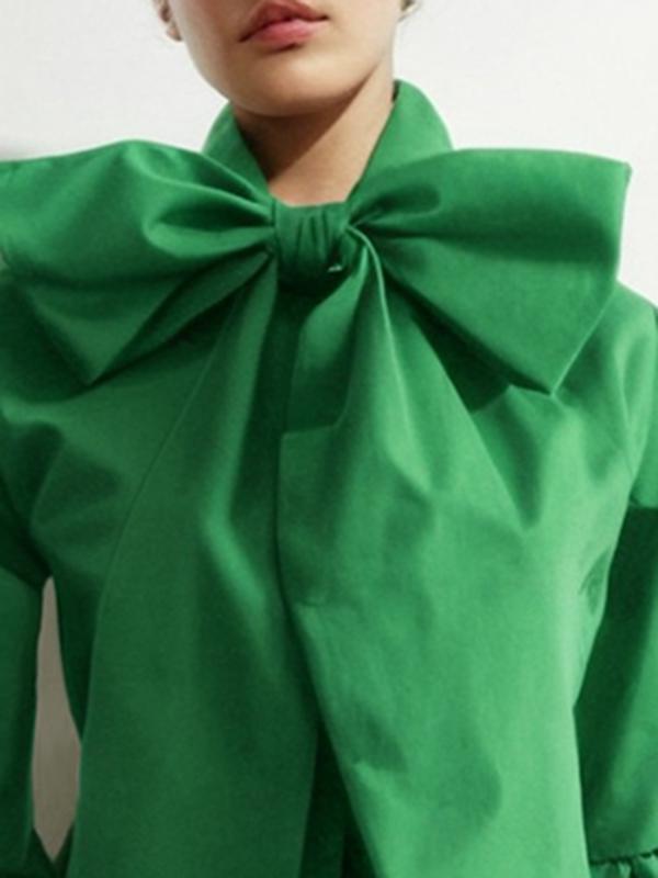 Loose Puff Sleeves Bowknot Solid Color Split-Joint Stand Collar Blouses&Shirts Tops Product Image