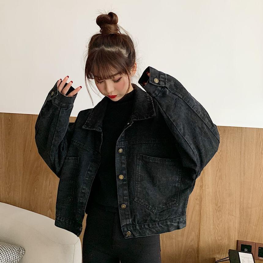 Collared Denim Button-Up Crop Jacket Product Image