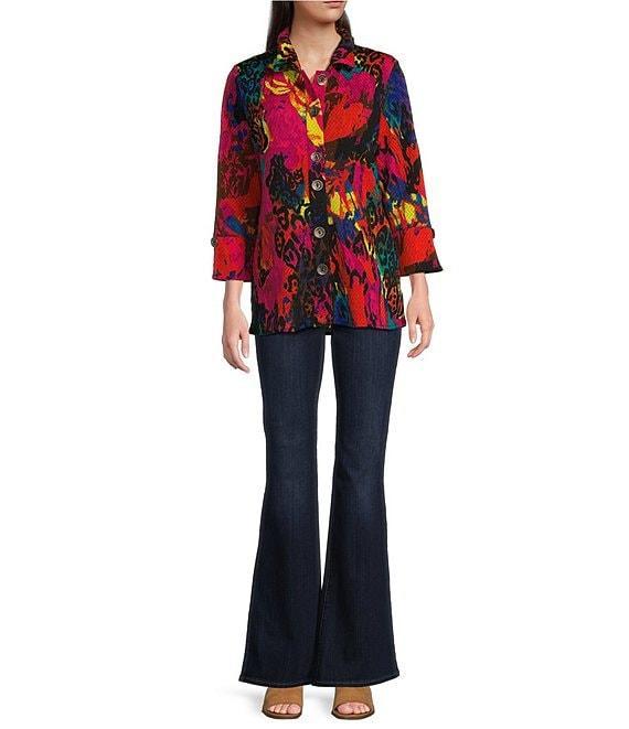 Calessa Textured Crinkle Patchwork Animal Print Stand Collar 3/4 Sleeve Button-Front Tunic Product Image