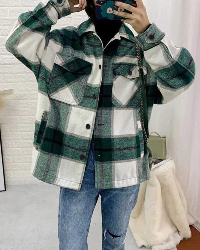 Shacket Vintage Pockets Over-sized Plaid Jacket Product Image
