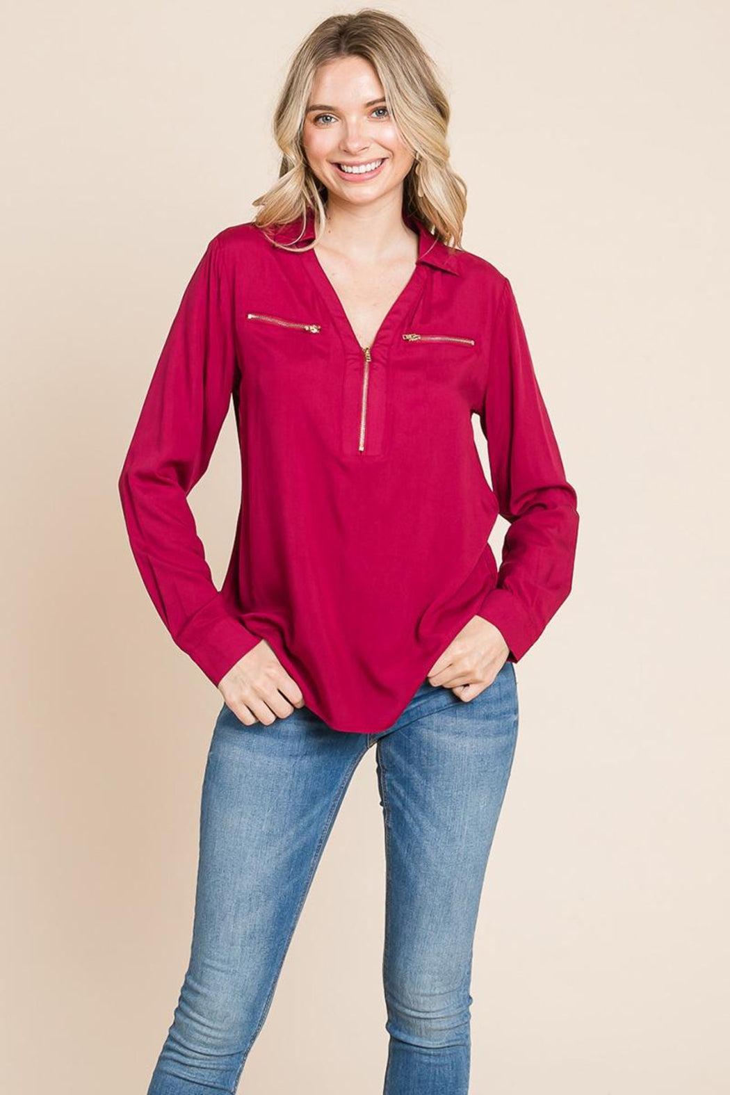 V Neck Front Zip Up Long Sleeve Top Female Product Image