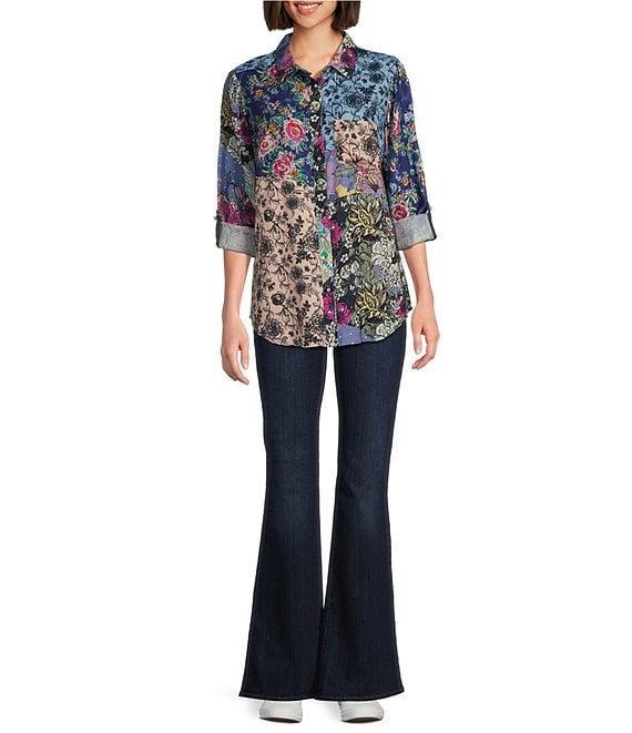 Tru Luxe Jeans Floral Patchwork Print Collared Neck Roll Tab Sleeve Top Product Image
