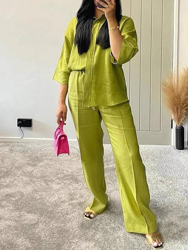 Loose Solid Color Split-Joint Split-Side Lapel Blouse + Elasticity Pleated Pants Trousers Two Pieces Set Product Image