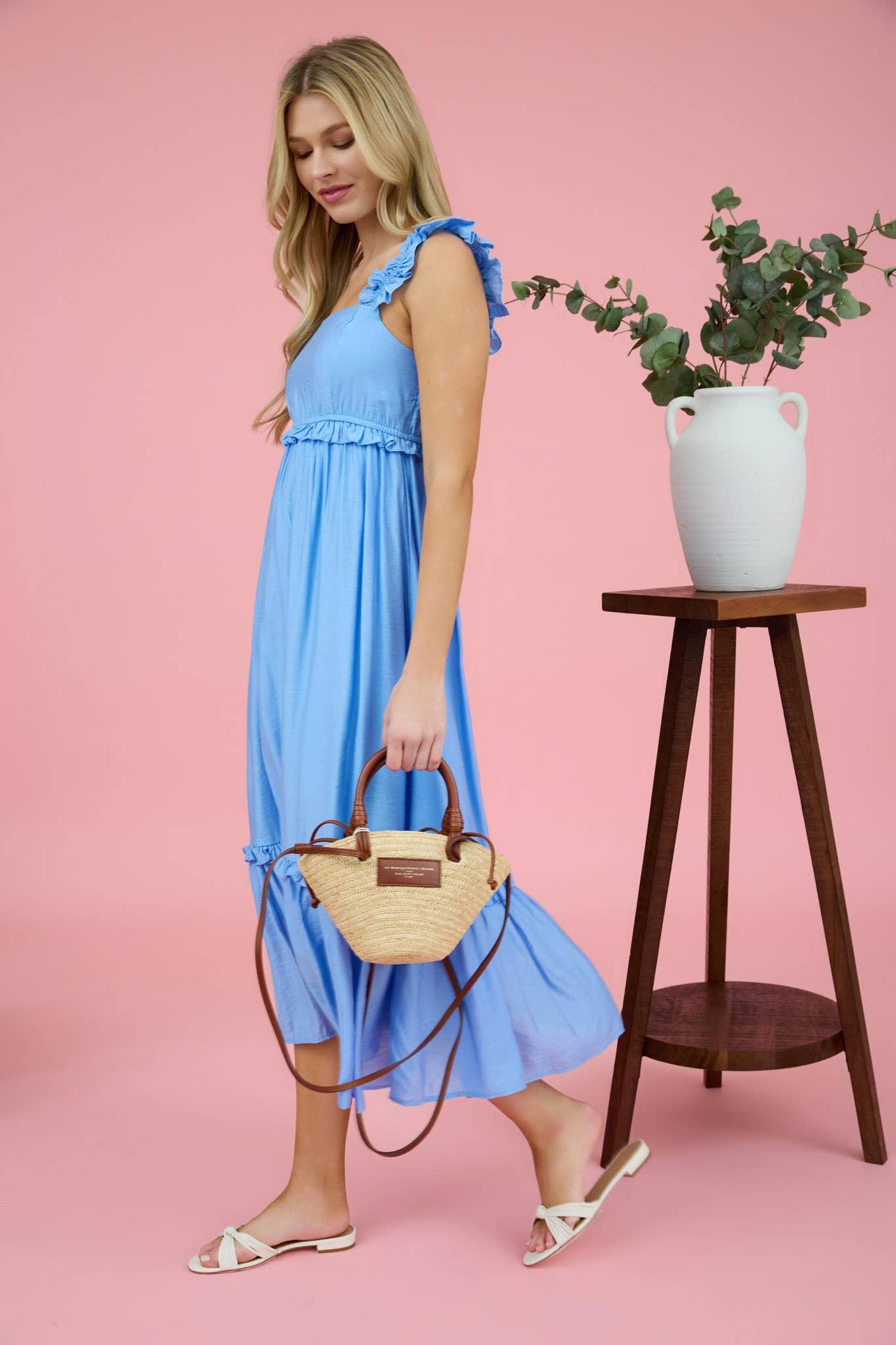 RUFFLE DETAIL EMPIRE WAIST SLEEVELESS MIDI DRESS: BLUE Product Image