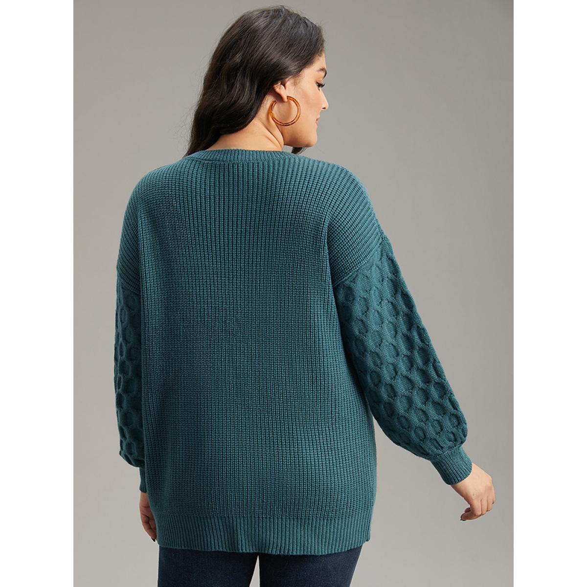 Plus Size Solid Cable Knit V Neck Drop Shoulder Pullover Teal Women Casual Long Sleeve V-neck Everyday Pullovers BloomChic 26/4X Product Image