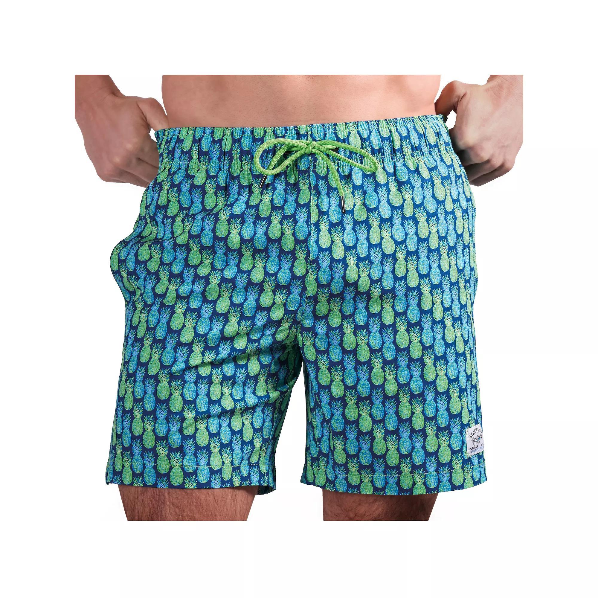 Men's Beach Bros 6.5-Inch Blue & Green Pineapple Print 4-Way Stretch Mesh Lined Swim Trunks, Size: Medium, Blue Green Product Image