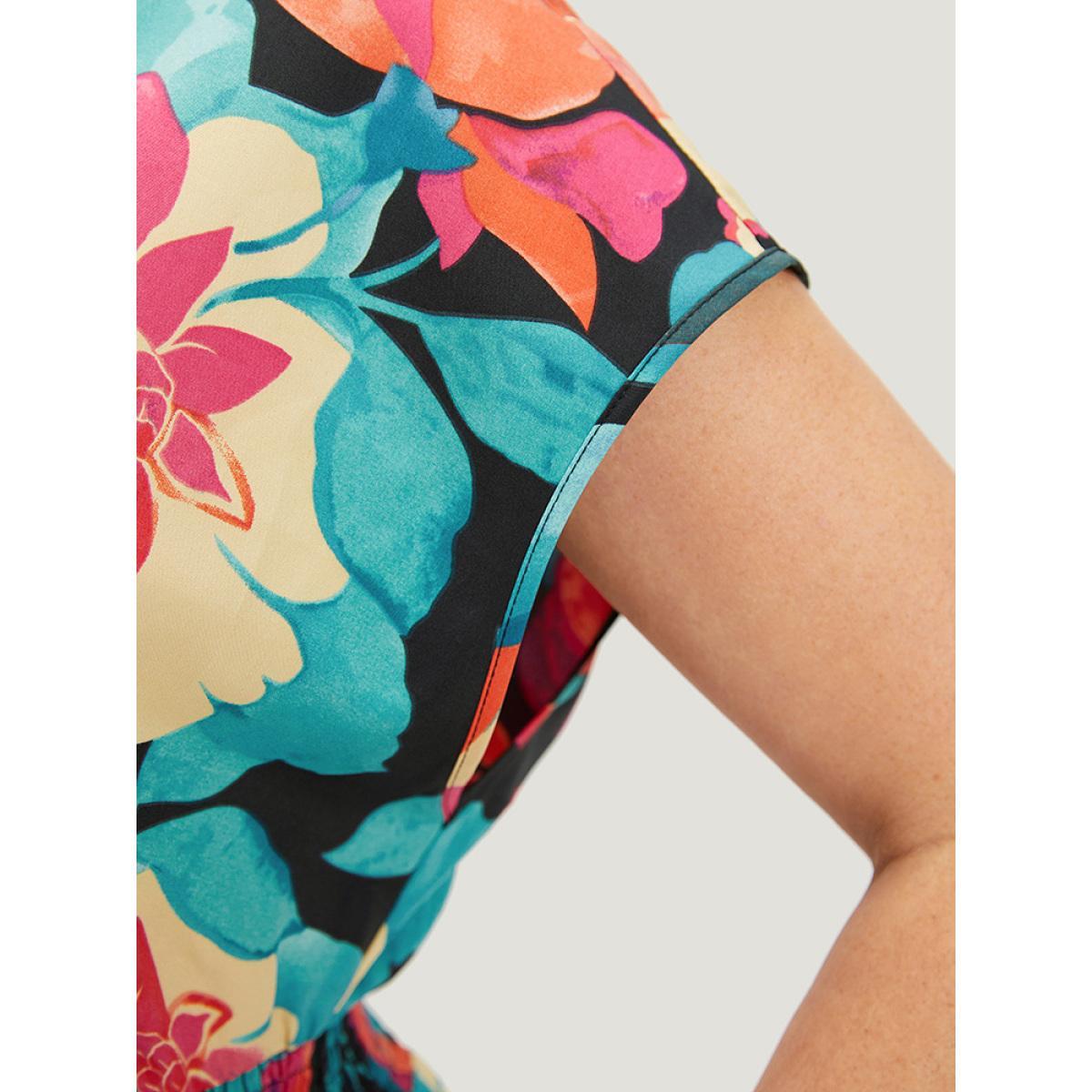 Plus Size Floral Shirred Overlap Collar Batwing Sleeve Dress Black Women Elegant Wrap V-neck Cap Sleeve Curvy Midi Dress BloomChic 14-16/1X Product Image