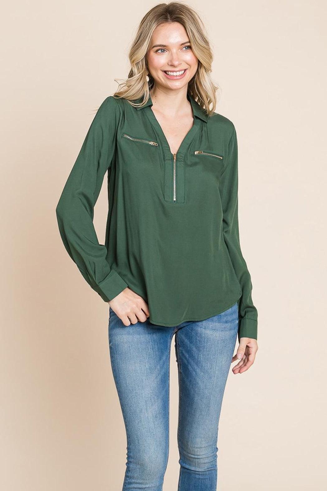 V Neck Front Zip Up Long Sleeve Top Female Product Image