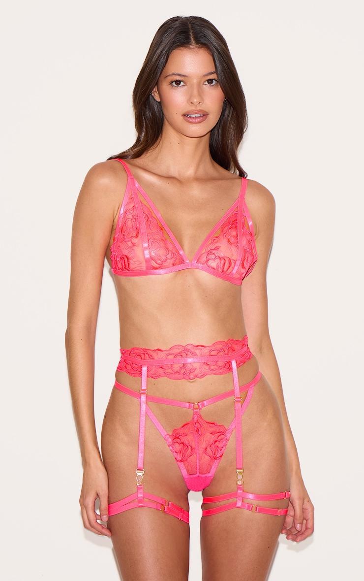 Hot Pink Floral Embroidered Lace Harness Detail 3 Piece Lingerie Set Product Image