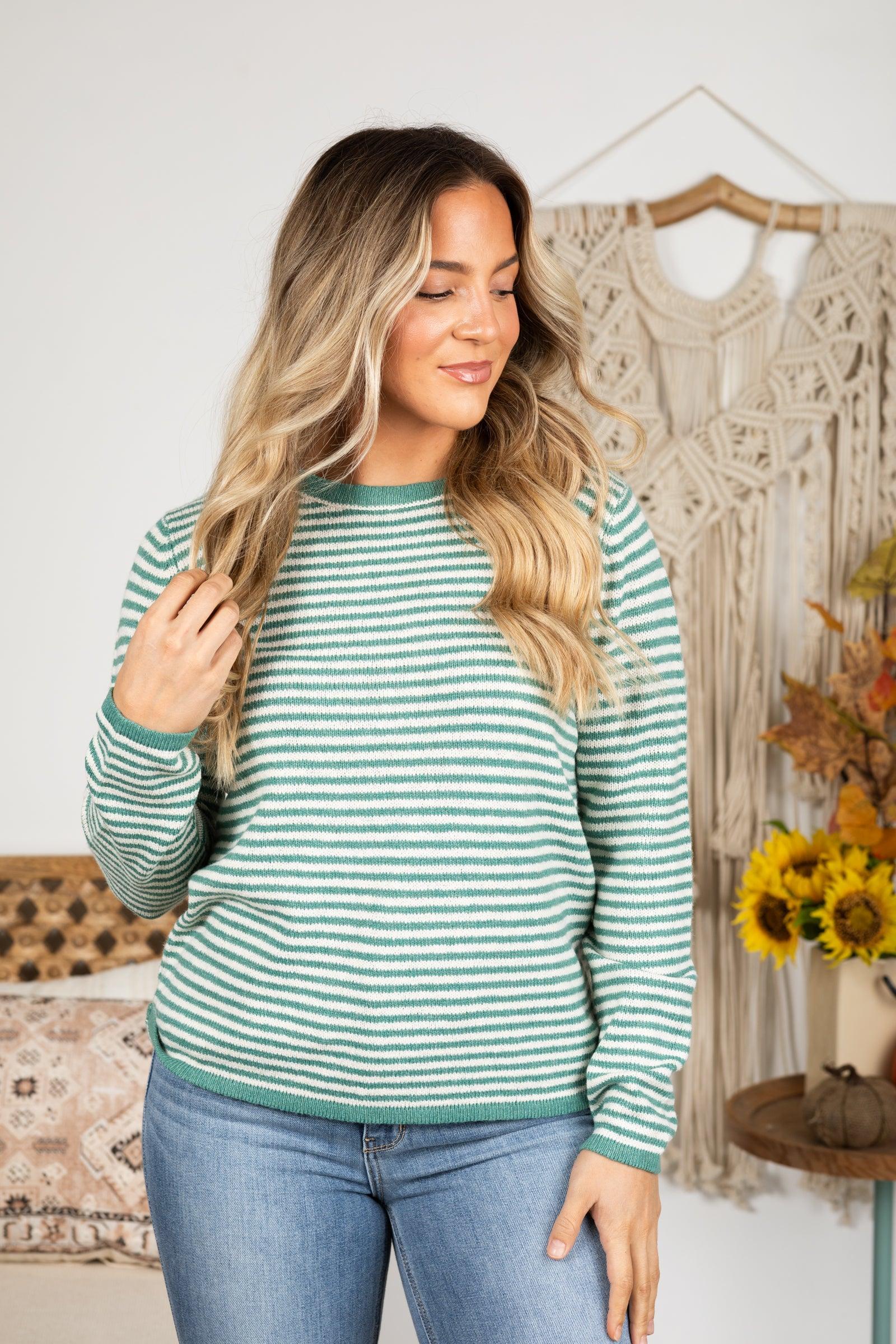 Striped Crewneck Pullover Sweater Knit Top Product Image