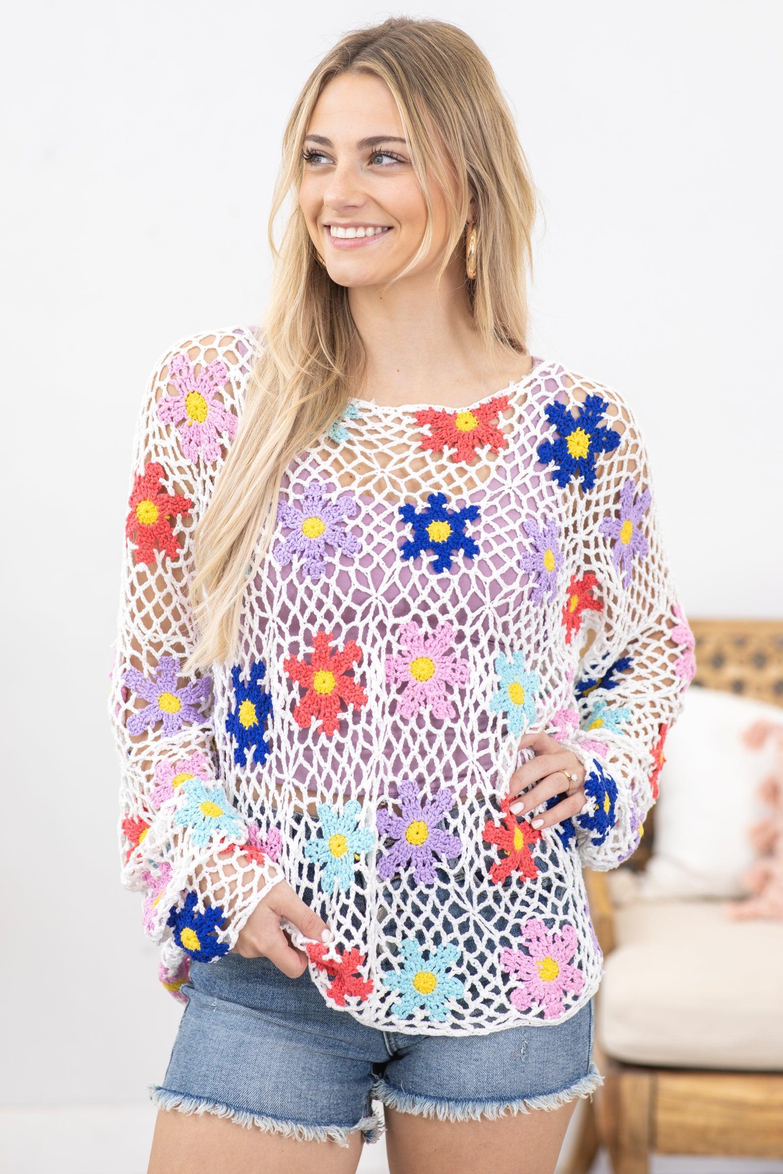 White Multicolor Flower Crochet Knit Top Product Image