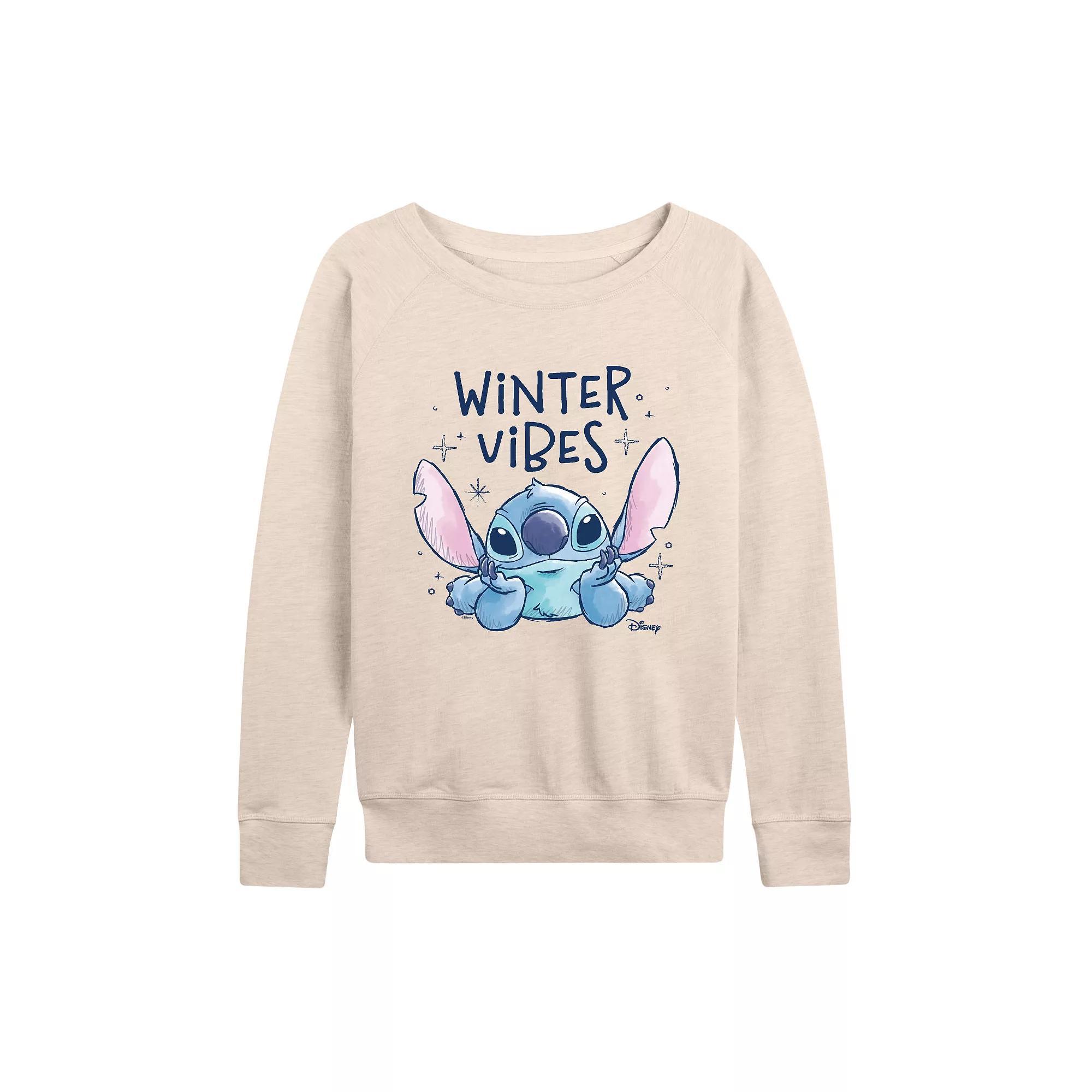 Disney's Lilo & Stitch Women's Winter Vibes French Terry Long Sleeve Tee, Size: Medium, Beige Product Image